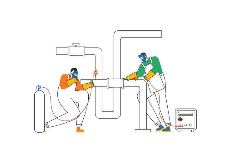 Vettore illustrazione vettoriale del servizio di saldatura con lavoro di saldatore professionista saldatura di strutture metalliche tubi e costruzioni in acciaio su sfondo a cartone animato piatto