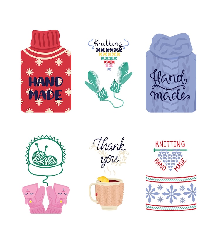 Vettore illustrazione vettoriale del set di etichette per la progettazione di etichette artigianali per maglieria decorazione vintage fatta a mano moda maglieria e icona del segno di cucito