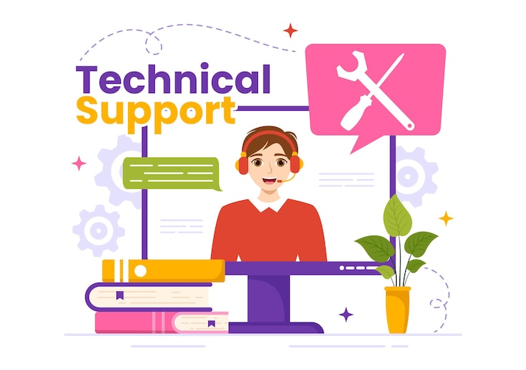 Vettore illustrazione vettoriale del sistema di supporto tecnico con sviluppo software e guida tecnologica