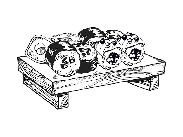 illustrazione vettoriale del tema del cibo giapponese con panini sushi sashimi su tavola di legno disegnata a mano