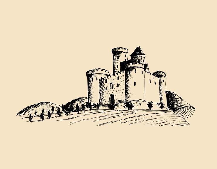 Illustrazione vettoriale del vecchio castello Sfondo della fortezza gotica Schizzo disegnato a mano del paesaggio con antica torre tra campi e colline rurali