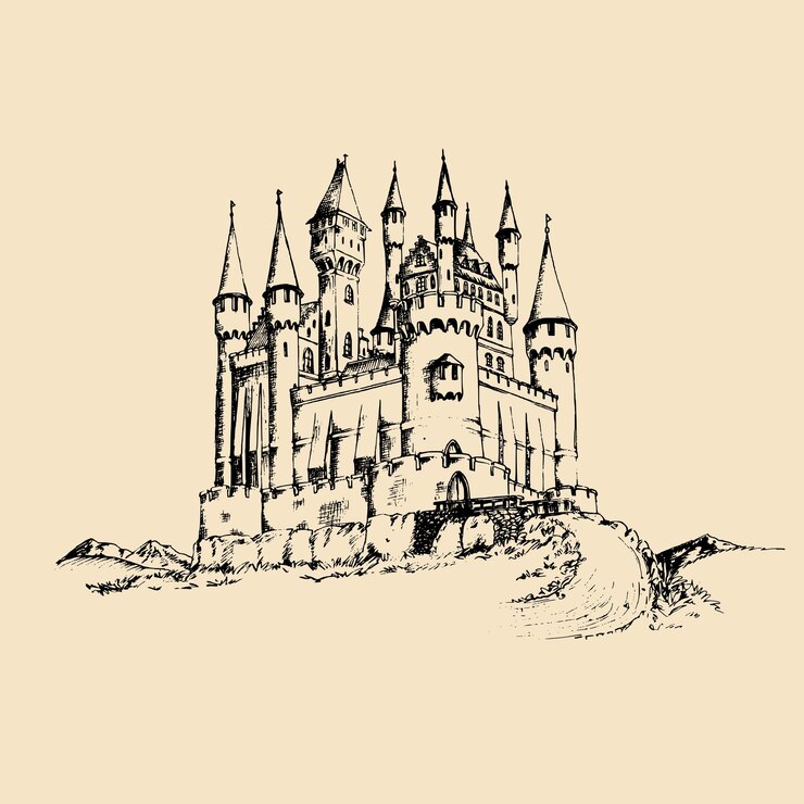 Illustrazione vettoriale del vecchio castello Sfondo della fortezza gotica Schizzo disegnato a mano del paesaggio con l'antica torre in montagna