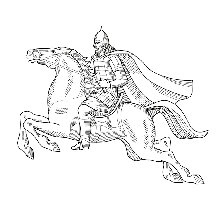 Illustrazione vettoriale del vecchio cavaliere russo con armatura e casco a cavallo Araldica
