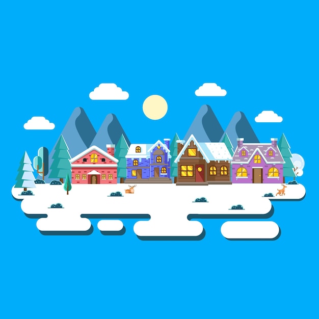 Illustrazione vettoriale del villaggio in inverno con stile design piatto