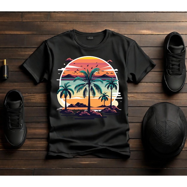 Illustrazione vettoriale dell'albero di palma delle Hawaii Sunset per magliette e abbigliamento stampato con emblema tropicale