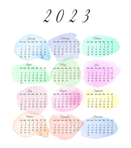 Illustrazione vettoriale dell'anno di calendario 2023. La settimana inizia di domenica. Sfondo acquerello