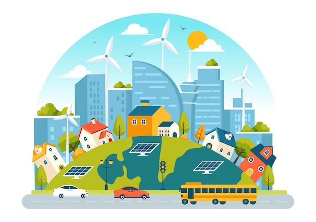 Illustrazione vettoriale dell'efficienza energetica in città con un ambiente sostenibile con elettricità generata dall'energia solare e eolica