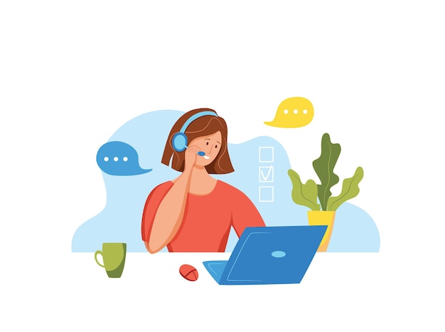 Illustrazione vettoriale dell'operatore del call center Donna che lavora per il responsabile dell'assistenza online del cliente