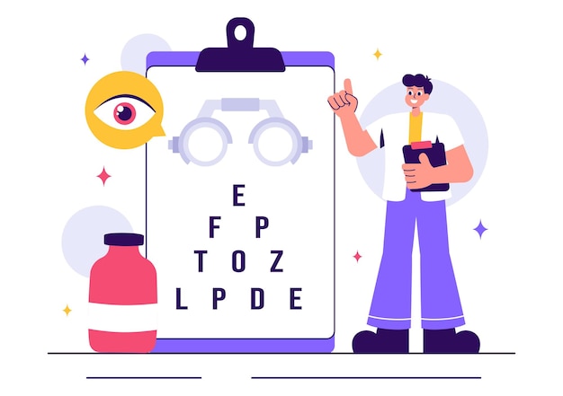 Illustrazione vettoriale dell'optometrista con un oftalmologo che esamina un paziente39s Vision Test oculari ottici e tecnologia avanzata di occhiali