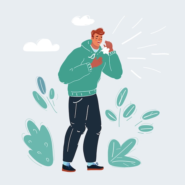 Illustrazione vettoriale dell'uomo che tossisce, della persona malata, dell'influenza fredda e del concetto di influenza virale