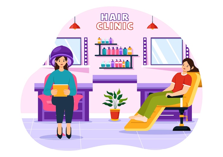 Vettore illustrazione vettoriale della clinica dei capelli con taglio di capelli del parrucchiere cura dei capelli e acconciatura nel salone di bellezza