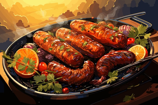 Illustrazione vettoriale della cottura tradizionale del bratwurst su una griglia in ghisa all'Oktoberfest
