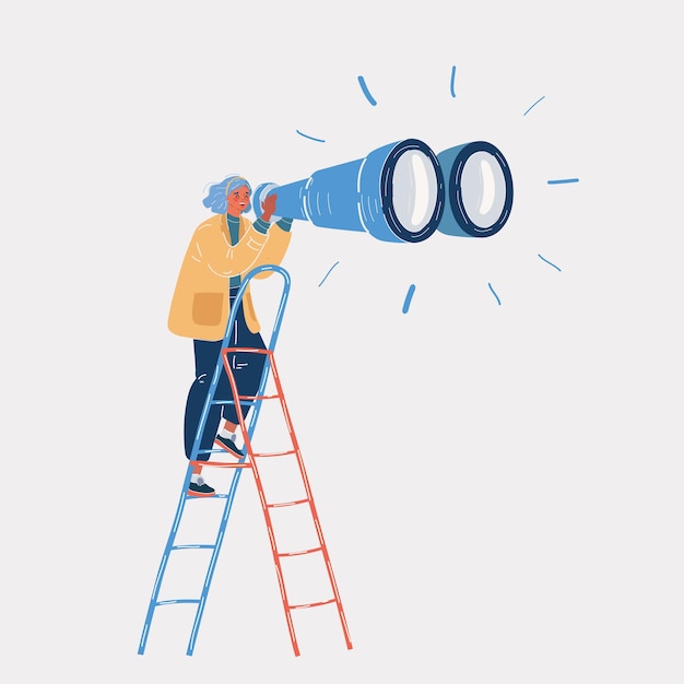 Illustrazione vettoriale della donna d'affari che guarda attraverso il binocolo in piedi sulla scala Alla ricerca di opportunità Cerca nuove prospettive