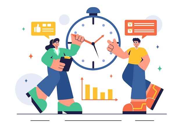 Illustrazione vettoriale della gestione del tempo con impostazioni dell'orologio Pianificazione delle attività di formazione e programmazione in uno sfondo piatto in stile cartone animato