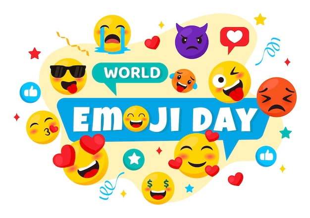 Illustrazione vettoriale della Giornata Mondiale degli Emoji con diverse espressioni facciali