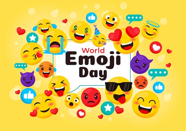 Illustrazione vettoriale della Giornata Mondiale degli Emoji con diverse espressioni facciali
