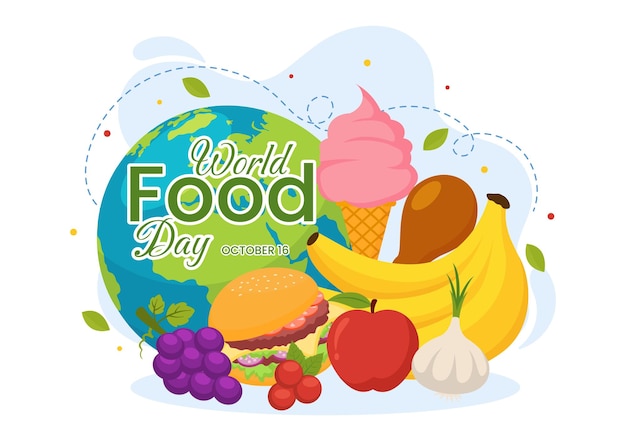Illustrazione vettoriale della Giornata mondiale dell'alimentazione il 16 ottobre con vari alimenti o frutta e verdura