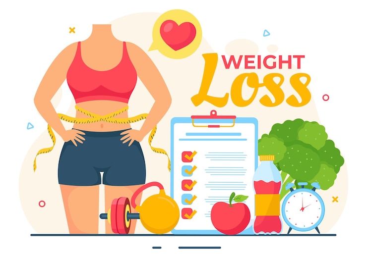 Vettore illustrazione vettoriale della perdita di peso del concetto di trasformazione del corpo femminile con dieta e stile di vita sano