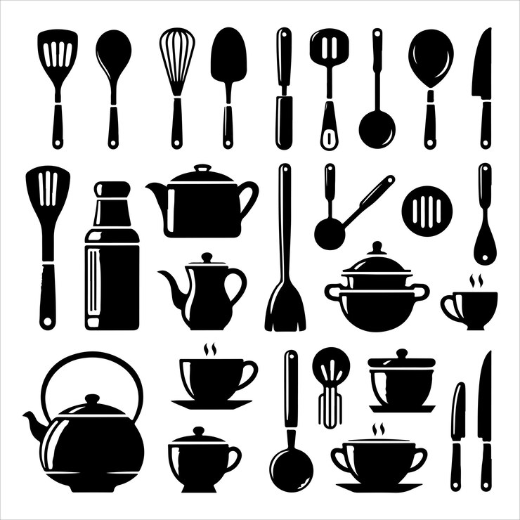 Vettore illustrazione vettoriale della silhouette degli attrezzi da cucina su sfondo bianco