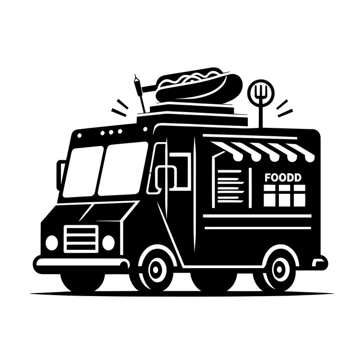 Vettore illustrazione vettoriale della silhouette di un camion di cibo di strada isolata su uno sfondo bianco