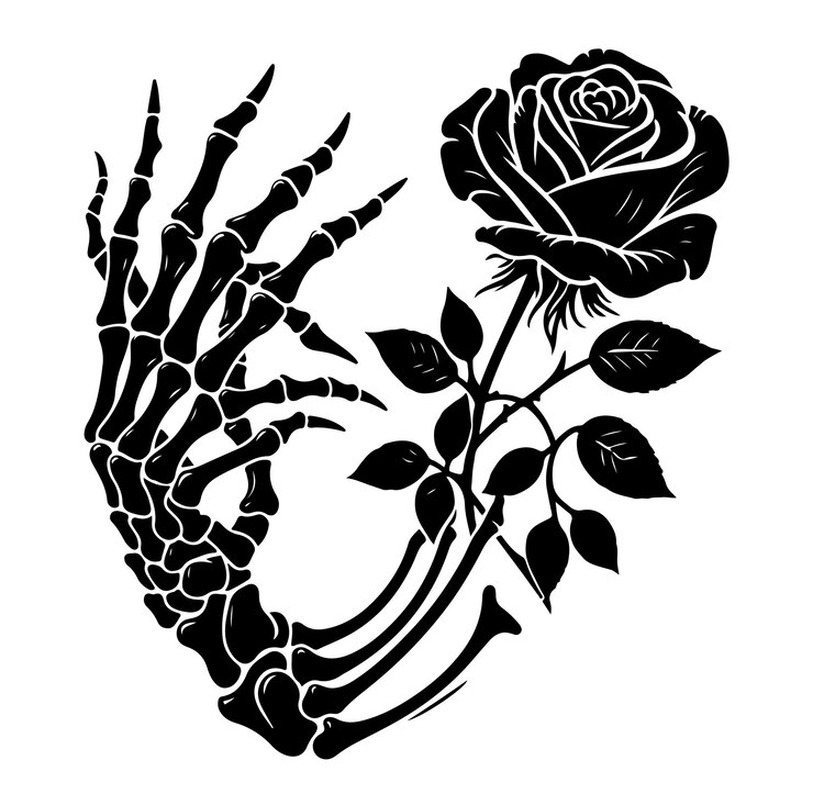 Vettore illustrazione vettoriale della silhouette di una fiore di rosa tenuta da una mano di scheletro