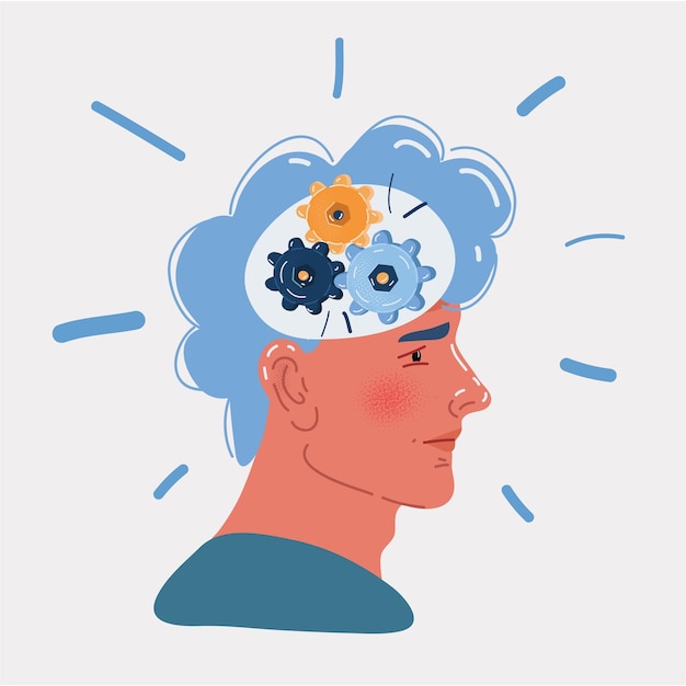 Illustrazione vettoriale della tecnologia degli ingranaggi della testa umana Ingegneria della ruota dentata tecnologica all'interno del concetto di lavoro cerebrale