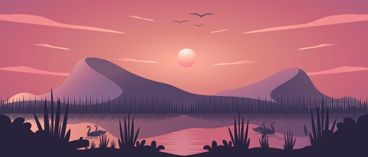 Vettore illustrazione vettoriale delle montagne al tramonto e dello sfondo del paesaggio del lago