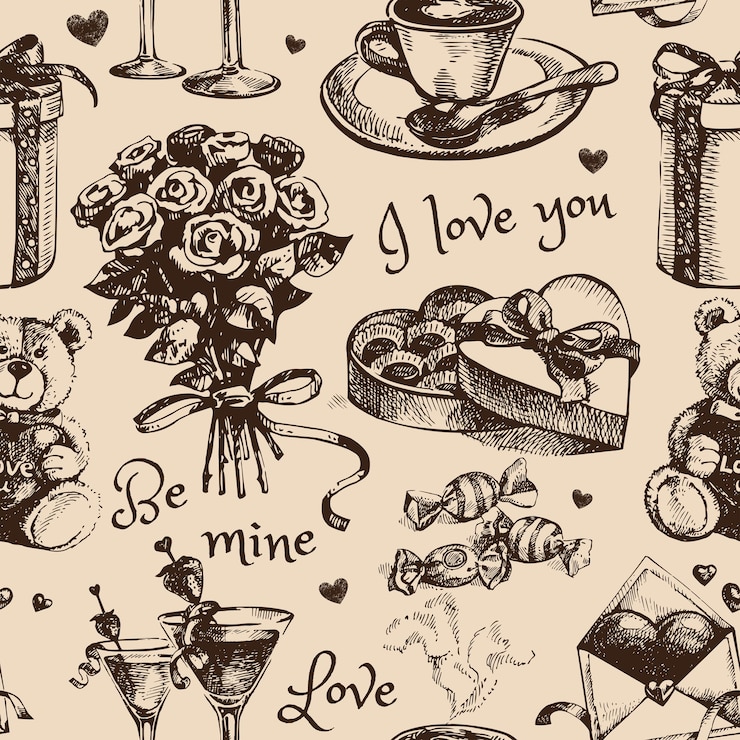 Vettore illustrazione vettoriale dello schizzo disegnato a mano di san valentino modello senza cuciture d'amore vintage