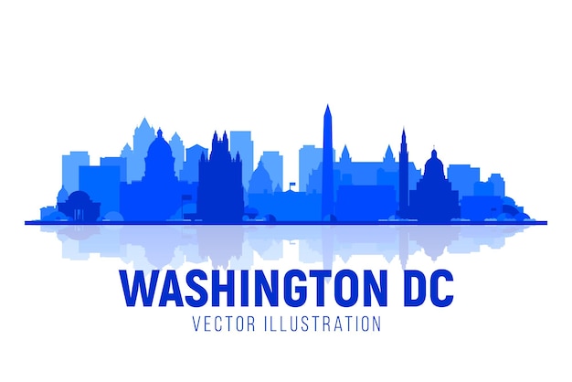 Illustrazione vettoriale dello skyline della città di Washington DC, (USA) sullo sfondo del cielo. Concetto di viaggio d'affari e turismo con edifici moderni. Immagine per presentazione, banner, sito web.