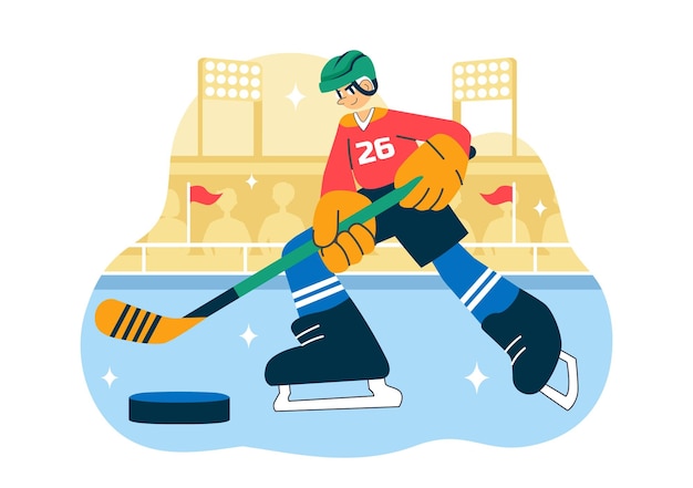 Illustrazione vettoriale dello sport di un giocatore di hockey su ghiaccio con un puck a bastone di casco e pattini su una superficie di ghiaccio per un gioco o un campionato sullo sfondo