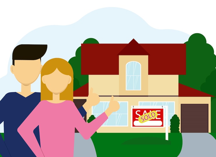 Vettore illustrazione vettoriale di acquisto di beni immobili. un paio di uomo e donna sullo sfondo di una grande casa con un cartellone venduto.