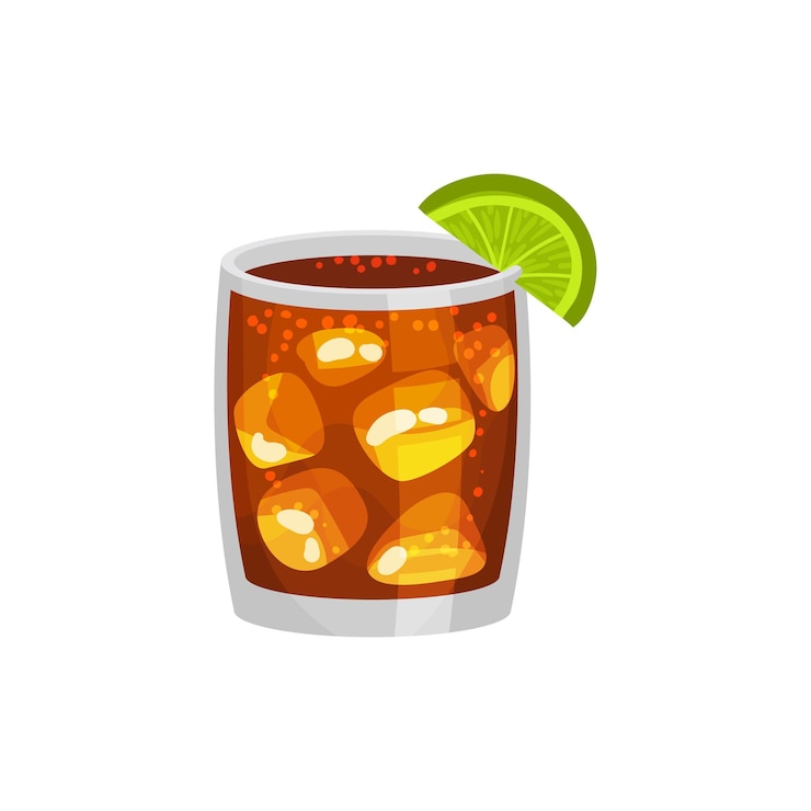 Vettore illustrazione vettoriale di alcol cocktail whisky rum ghiaccio lime cola cuba libre