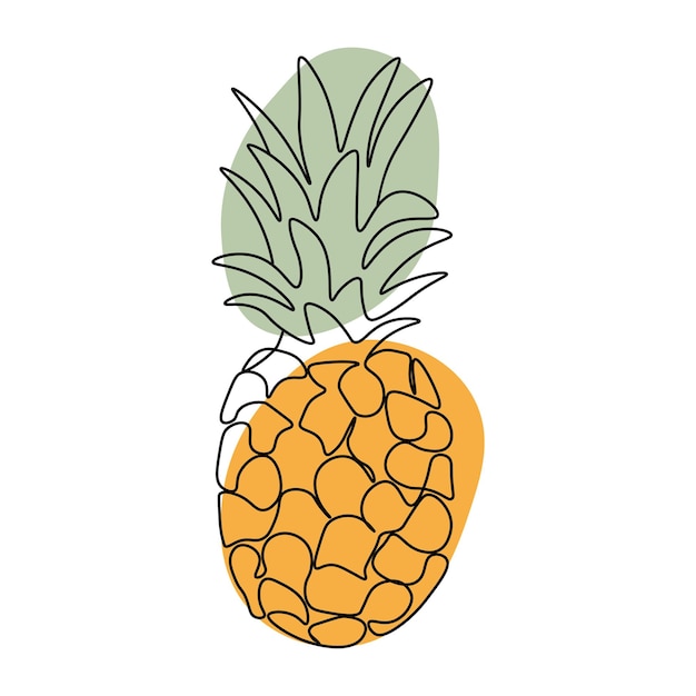 Illustrazione vettoriale di ananas con disegno a una linea continua Arte al tratto nero su sfondo bianco con macchie colorate Ananas cartone animato isolato su sfondo bianco Concetto vegano
