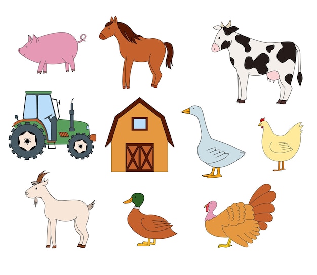 Illustrazione vettoriale di animali da fattoria e trattore isolato su sfondo bianco