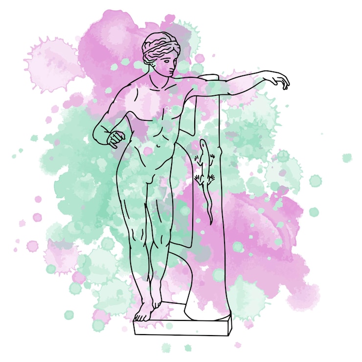 Vettore illustrazione vettoriale di apollo con lucertola line art con sfondo acquerello