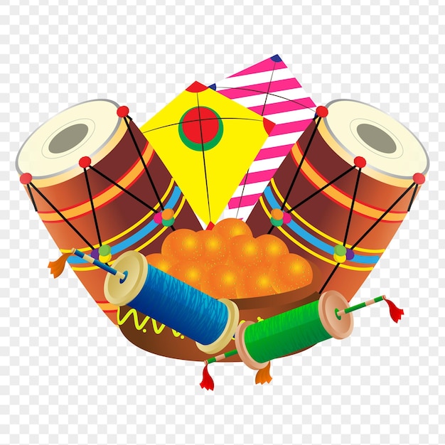 Illustrazione vettoriale di aquiloni colorati con composizione di dhol e dolci su sfondo trasparente