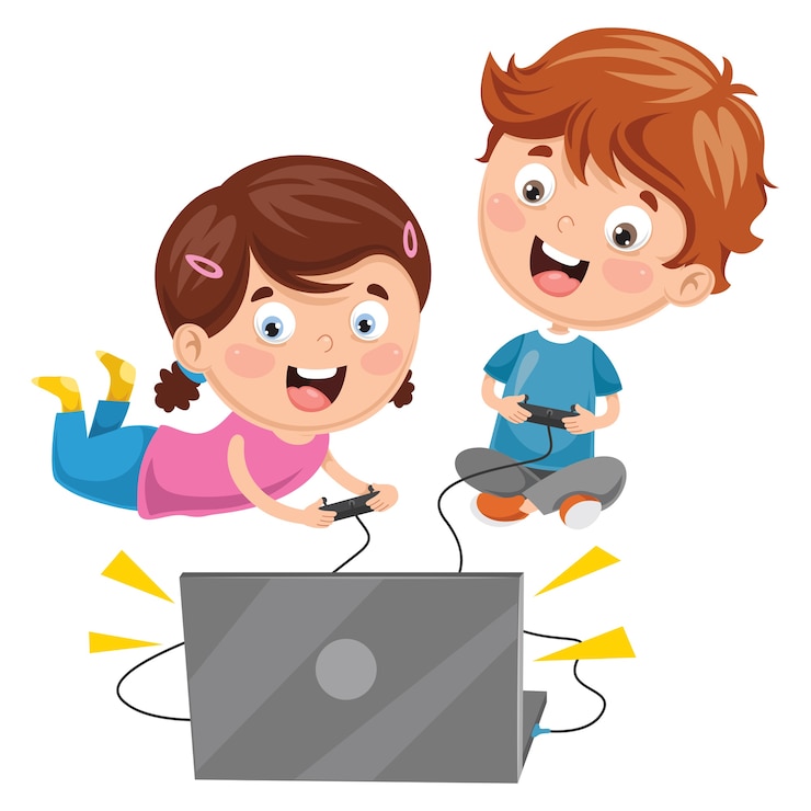 Vettore illustrazione vettoriale di bambini che giocano video gioco