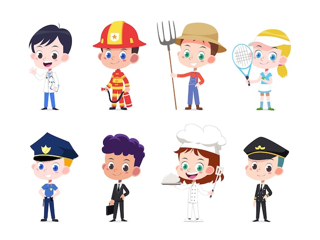 Illustrazione vettoriale di bambini dei cartoni animati in un costume di professione