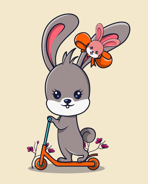 illustrazione vettoriale di bellissimo coniglio che gioca con lo scooter