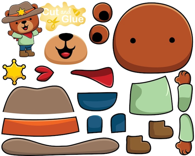 Illustrazione vettoriale di cartone animato orso in costume da cowboy Ritaglio e incollaggio