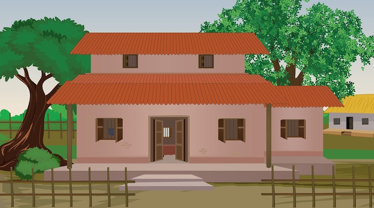 Vettore illustrazione vettoriale di casa indiana arte vettoriale casa di villaggio sfondo di villaggio indiano per cartone animato