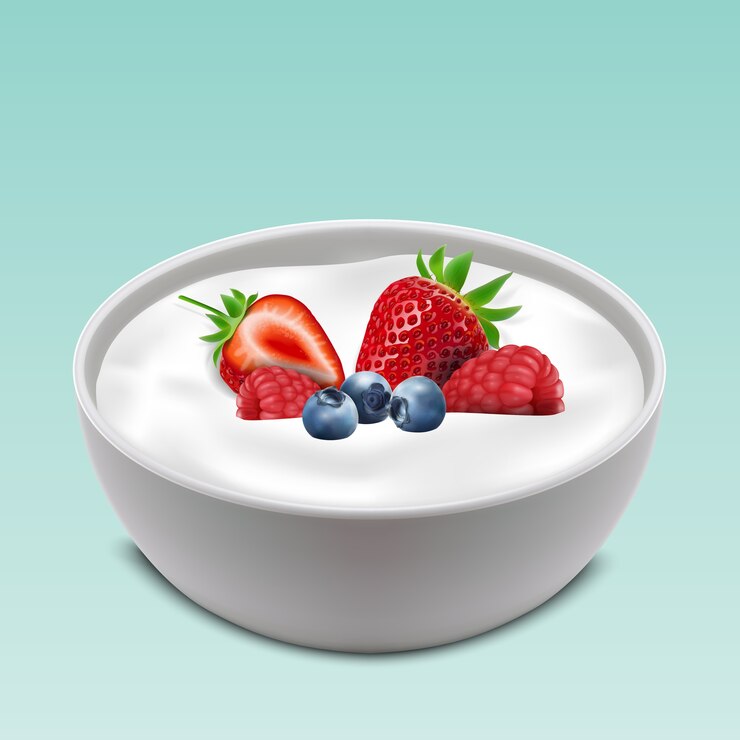Vettore illustrazione vettoriale di ciotola di yogurt con frutta mista
