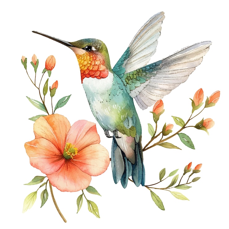Vettore illustrazione vettoriale di colibrì floreale in stile acquerello