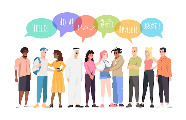 Illustrazione vettoriale di comunicazione della comunità multinazionale. I giovani salutano in diverse lingue, fumetti. Società studentesca multietnica. Rappresentanti del mondo caucasico, afro, arabo