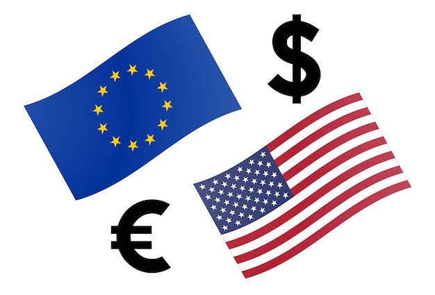 Illustrazione vettoriale di coppia di valute forex EURUSD. Bandiera dell'UE e americana, con il simbolo dell'euro e del dollaro.