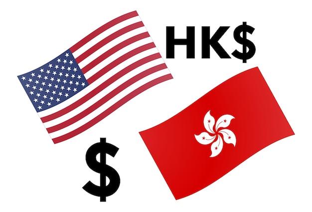 Illustrazione vettoriale di coppia di valute forex USDHKD. Bandiera americana e di Hong Kong, con il simbolo del dollaro.