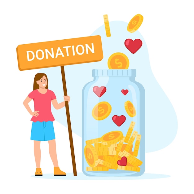 Illustrazione vettoriale di denaro di donazione Scena di cartone animato con una ragazza che raccoglie donazioni e piace in barattolo su sfondo bianco