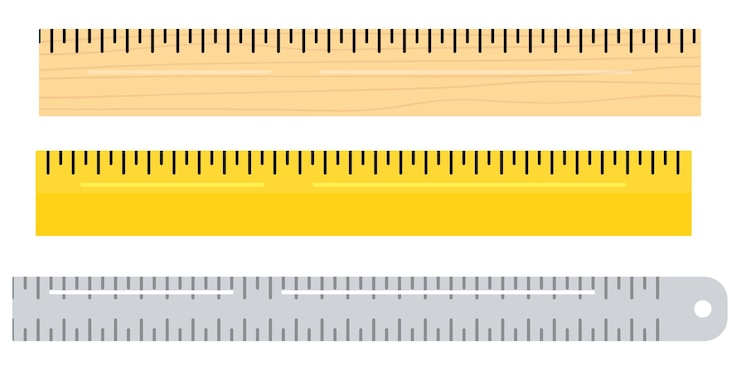 Vettore illustrazione vettoriale di design piatto di diversi materiali in legno, metallo, set di icone dello strumento righello in plastica isolato su bianco