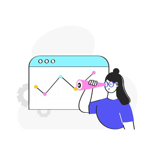 Illustrazione vettoriale di dipendente femminile guardando dal cannocchiale e statistiche web su sfondo bianco