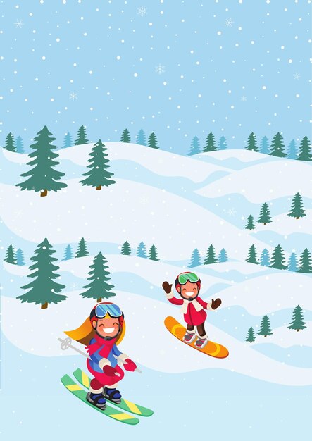 Illustrazione vettoriale di due bambini che si divertono a fare snowboard